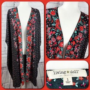 Living Doll LA Black & Red Floral Open Long Kimono